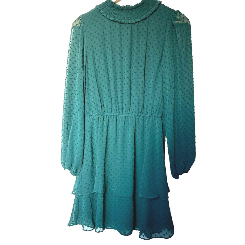MIDNIGHT DOLL Medium Emerald Green Tiered Swiss Dot Bishop Sleeve Vintage Dress